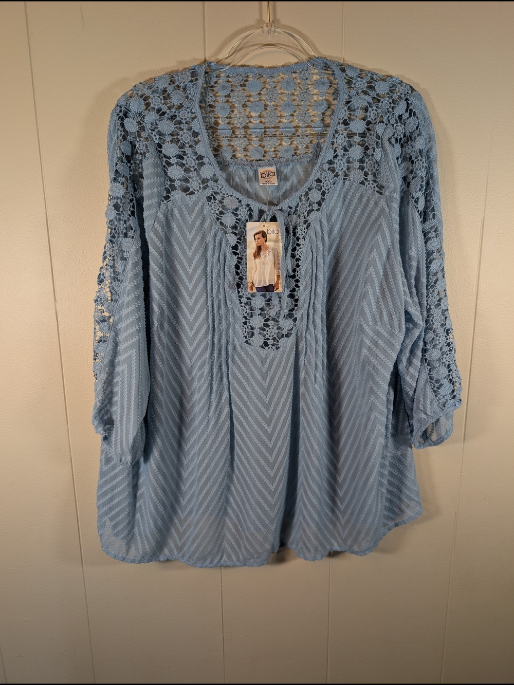 Bila XXL Blue Lace Crochet Boho Tunic Blouse NWT Sheer 3/4 Sleeve Plus Size